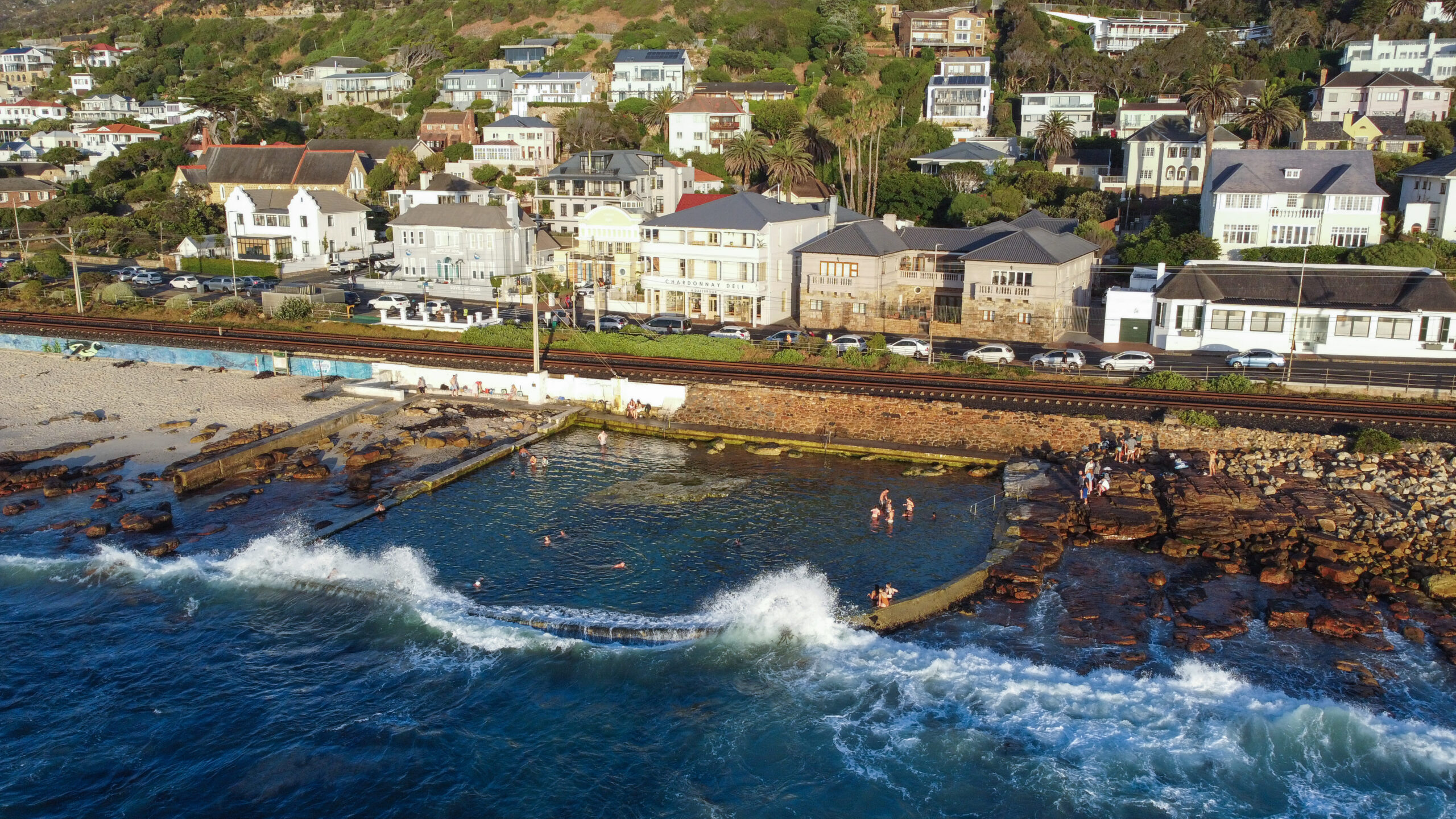 The Dalebrook Place heritage building set above the Dalebrook tidal pool, Kalk Bay seafront